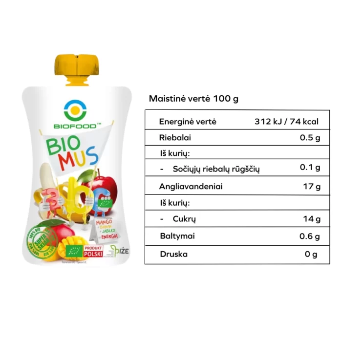 Ekologiška mangų, bananų ir obuolių tyrelė | Bio Food (90 g)