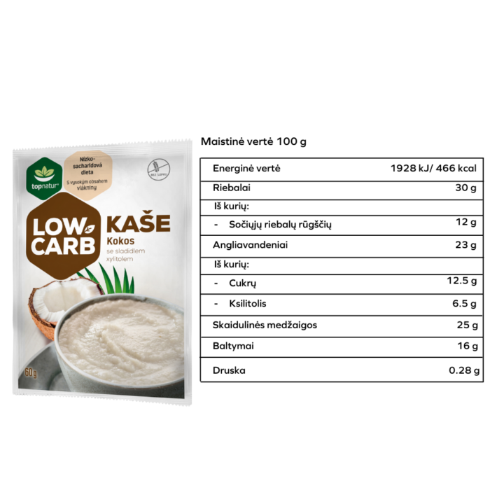 LOW CARB kokosinė košė su ksilitoliu, be glitimo, be laktozės | TopNatur (60 g)