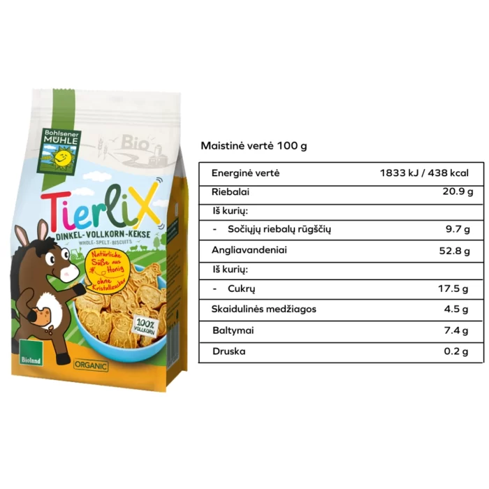 Ekologiški pilno grūdo speltos miltų sausainiai vaikams ANIMALS | BOHLSENER MUEHLE (125 g)