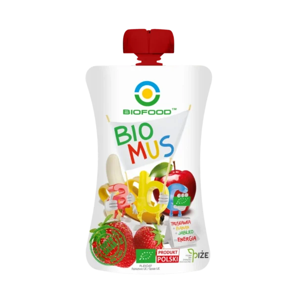 Ekologiška braškių, bananų ir obuolių tyrelė | Bio Food (90 g)