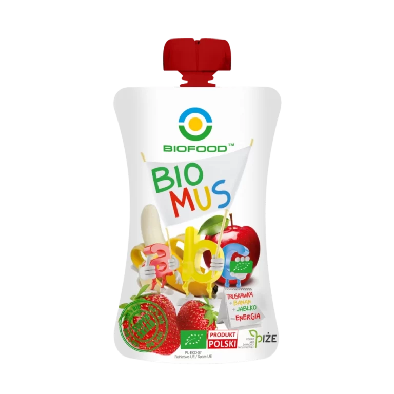 Ekologiška braškių, bananų ir obuolių tyrelė | Bio Food (90 g)