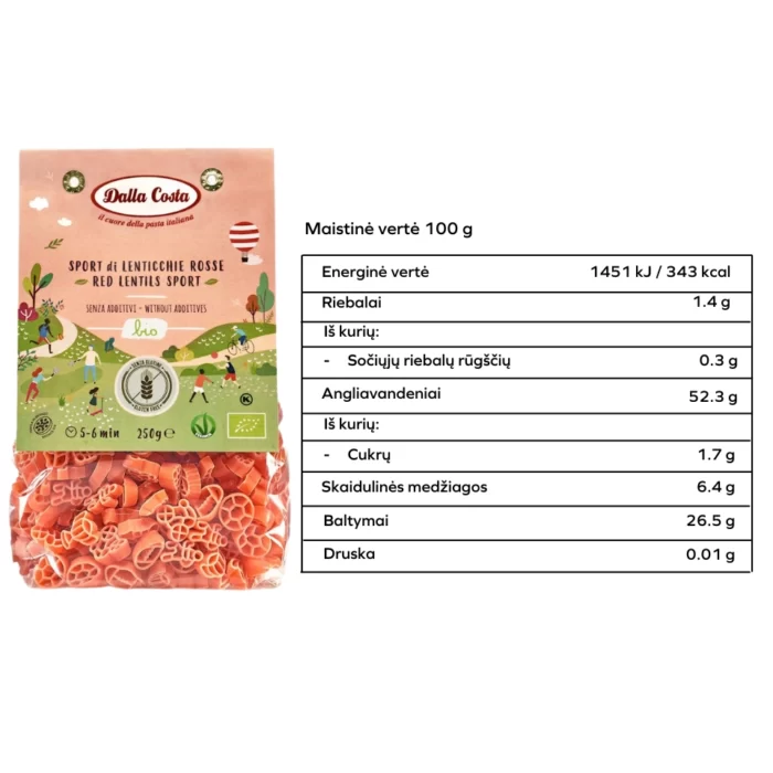 Ekologiški raudonųjų lęšių makaronai SPORT, be gliuteno | Dalla Costa (250 g)