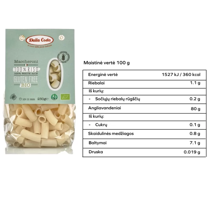 Ekologiški baltųjų ryžių makaronai MECCHERONI, be gliuteno | Dalla Costa (250 g)