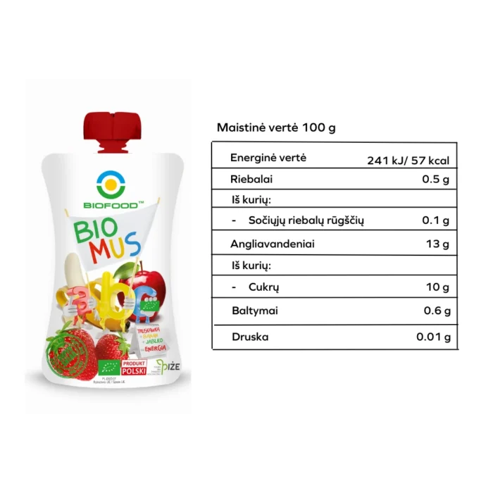 Ekologiška braškių, bananų ir obuolių tyrelė | Bio Food (90 g)