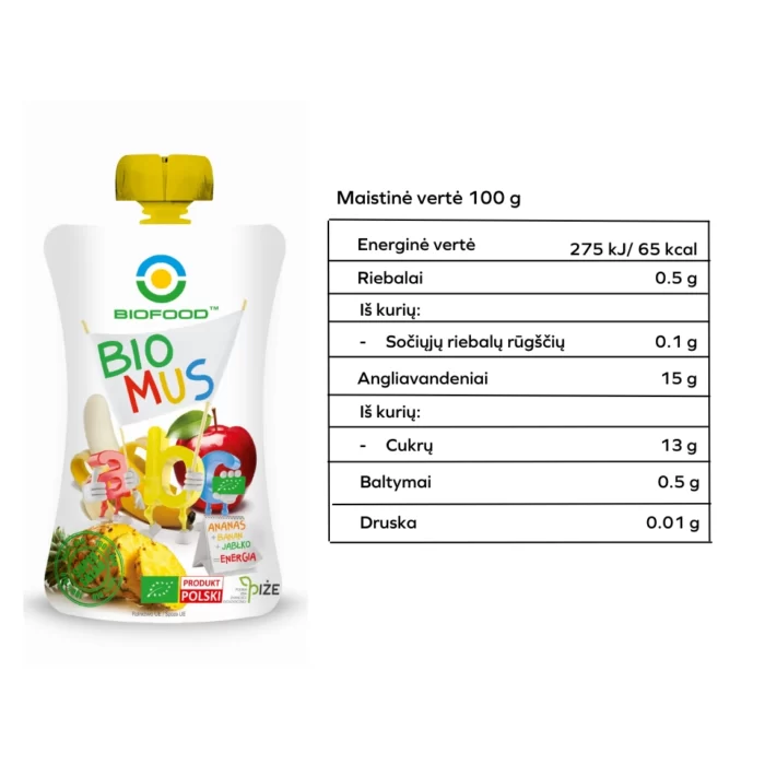 Ekologiška ananasų, bananų ir obuolių tyrelė | Bio Food (90 g)