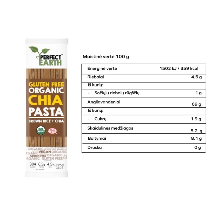 Ekologiški rudųjų ryžių chia makaronai, be gliuteno | Perfect Earth (225 g)