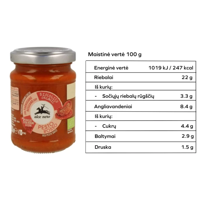 Ekologiškas saulėje džiovintų pomidorų pesto su parmezano ir pecorino sūriais | ALCE NERO maistine verte