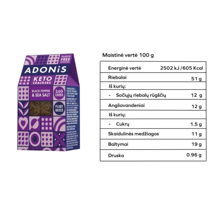 KETO krekeriai su juodaisiais pipirais ir druska | Adonis (60 g)