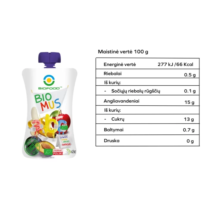 Ekologiška slyvų, bananų ir obuolių tyrelė | Bio Food (90 g)