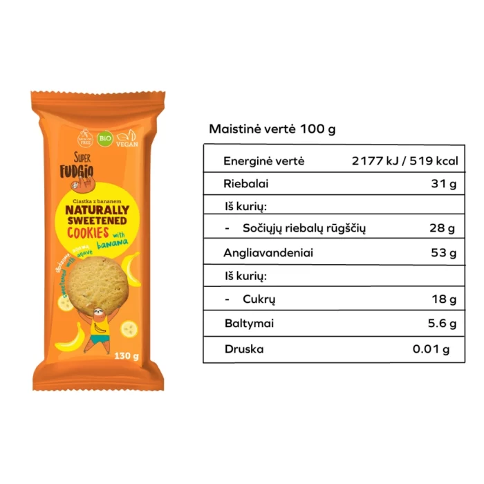 Ekologiški bananiniai sausainiai pasaldinti agavos milteliais | Super Fudgio (130 g)