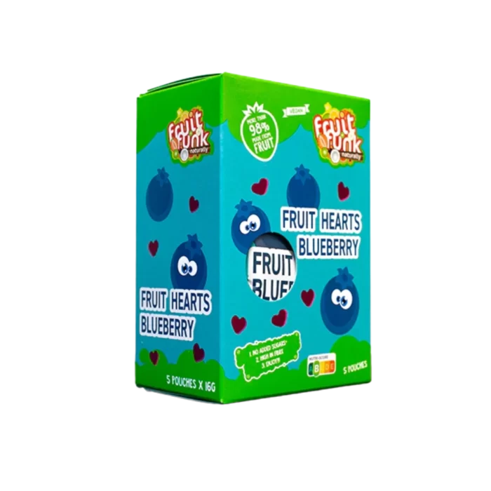 Mėlynių skonio vaisių širdelės, be pridėtinio cukraus | FruitFunk (5x16 g)