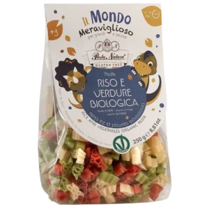 Ekologiški burokėlių, špinatų ir baltųjų ryžių miltų makaronai dinozaurai, be gliuteno | Pasta Natura (250 g)