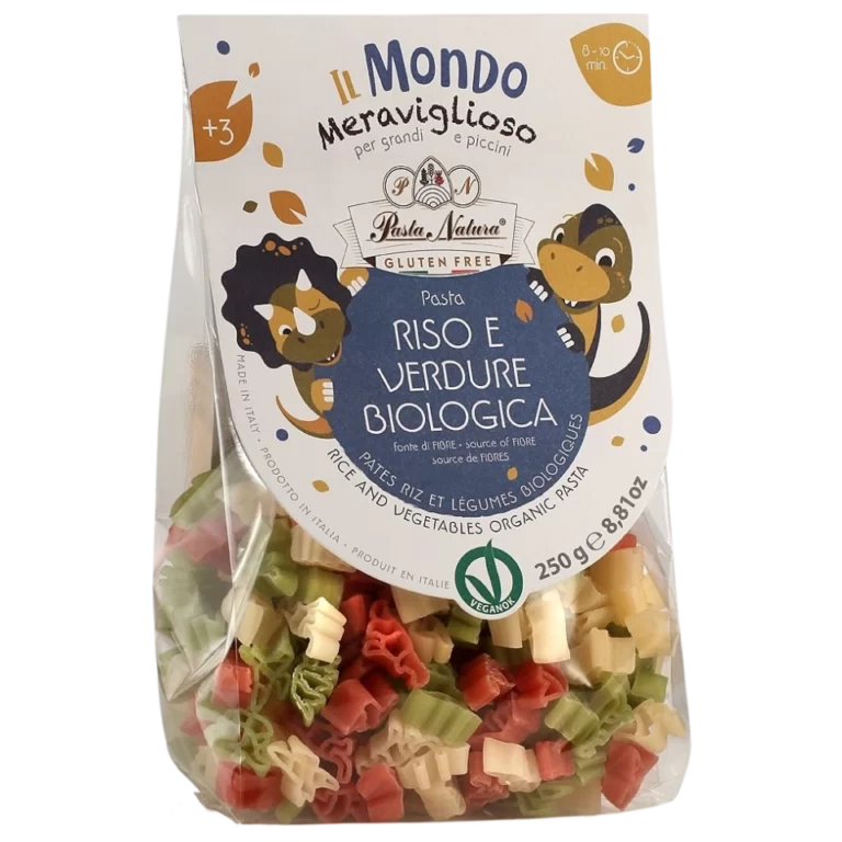 Ekologiški burokėlių, špinatų ir baltųjų ryžių miltų makaronai dinozaurai, be gliuteno | Pasta Natura (250 g)