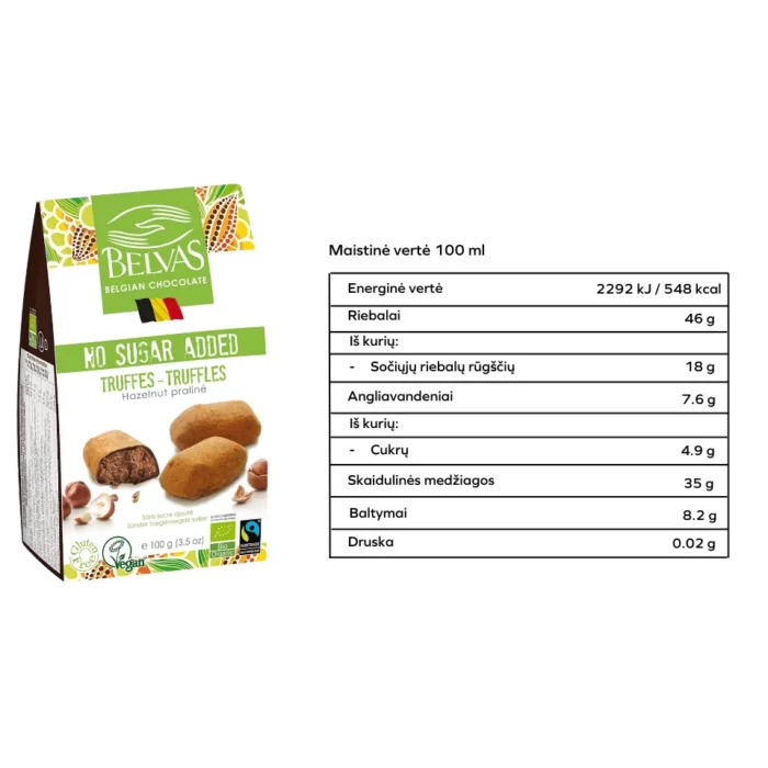 Ekologiški šokoladiniai triufeliai, be pridėtinio cukraus | Belvas (100 g)