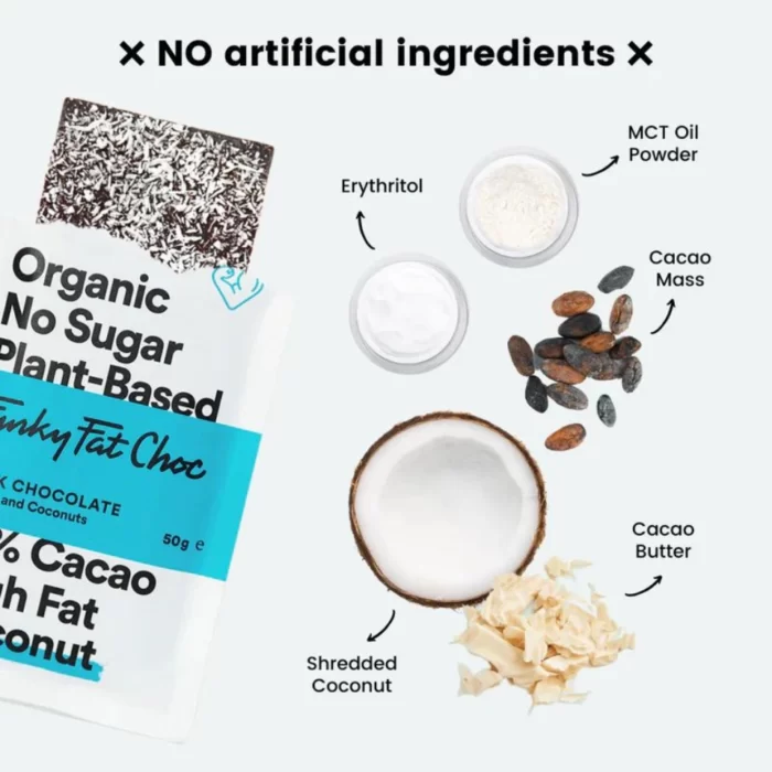 KETO 75% tamsus šokoladas su MCT aliejumi ir kokosu | Funky Fat Choc (50 g)