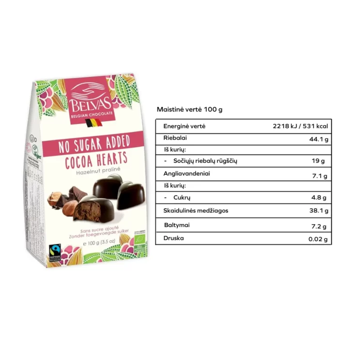 Belgiško šokolado širdelės, be glitimo | BELVAS (100 g)