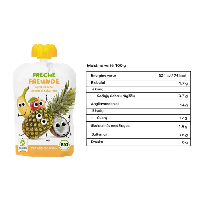 Ekologiška obuolių, bananų, ananasų ir kokosų tyrelė, be glitimo | FRECHE FREUNDE (100 g)