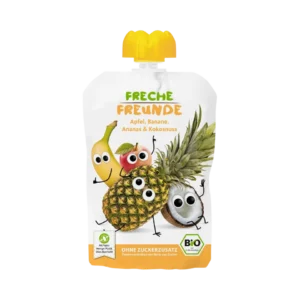 Ekologiška obuolių, bananų, ananasų ir kokosų tyrelė, be glitimo | FRECHE FREUNDE (100 g)