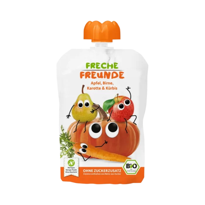 Ekologiška obuolių, kriaušių, morkų ir moliūgų tyrelė, be glitimo | FRECHE FREUNDE (100 g)