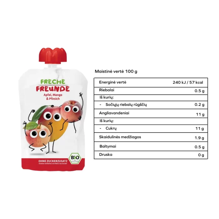 Ekologiška obuolių, mangų ir persikų tyrelė, be glitimo | FRECHE FREUNDE (100 g)