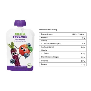 Ekologiška obuolių, uogų ir juodųjų morkų tyrelė, be glitimo | FRECHE FREUNDE (100 g)
