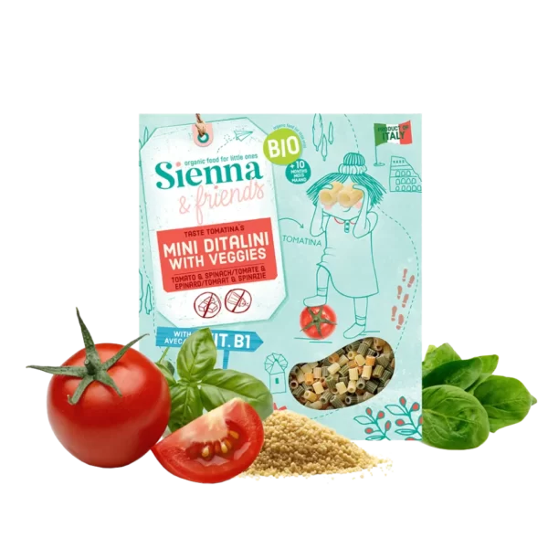 Vaikiški makaronai MINI DITALINI su daržovėmis, be pridėtinio cukraus | Sienna&friends (350 g)