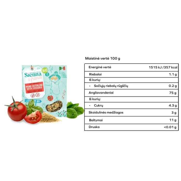 Vaikiški makaronai MINI DITALINI su daržovėmis, be pridėtinio cukraus | Sienna&friends (350 g)