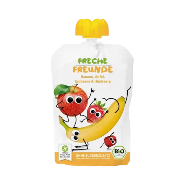 Ekologiška obuolių, bananų ir braškių tyrelė, be glitimo | FRECHE FREUNDE (100 g)