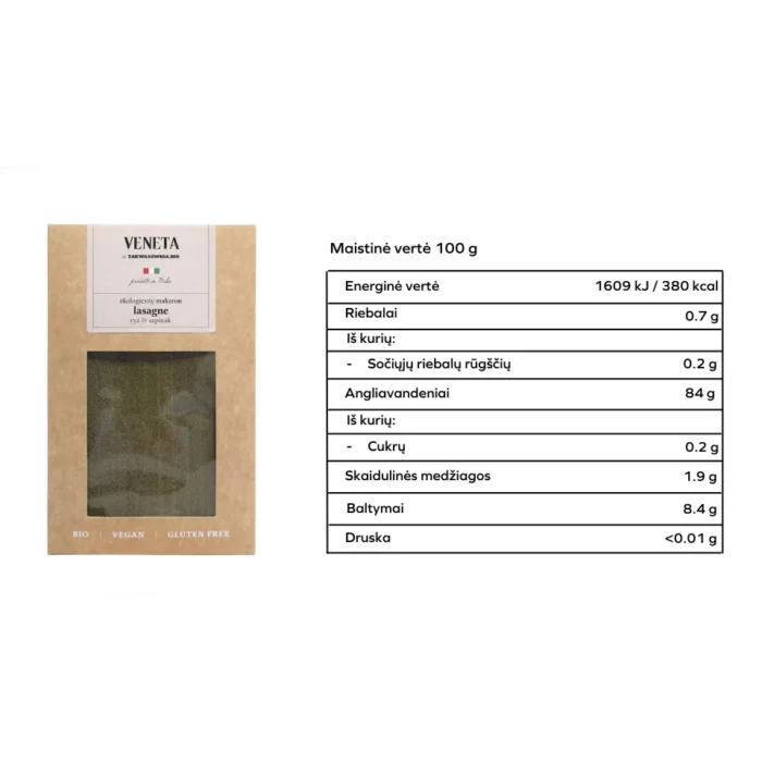 Ryžių ir špinatų lakštai lazanijai, be glitimo | Zakwasownia - VENETA (250 g)