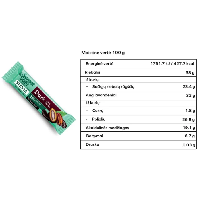 Tamsus 60% šokoladas saldintas stevija | Sweet&Safe (25 g)