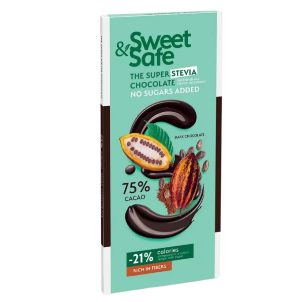 KETO 75% juodasis šokoladas, saldintas stevija | Sweet&Safe (90 g)