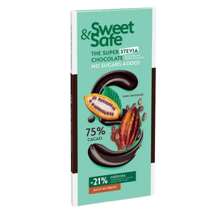 KETO 75% juodasis šokoladas, saldintas stevija | Sweet&Safe (90 g)