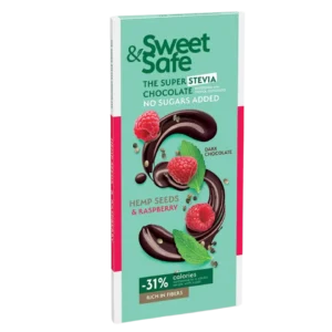 KETO desertinis šokoladas su avietėmis ir kanapių sėklomis | Sweet&Safe (90 g)