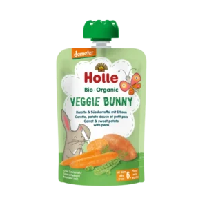 Ekologiška morkų, saldžiųjų bulvių ir žirnelių tyrelė | Holle (100 g)