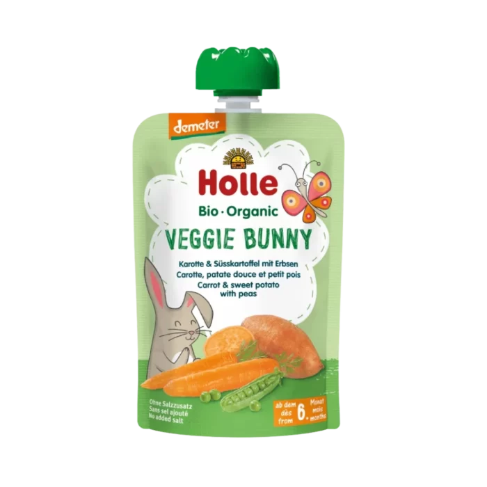 Ekologiška morkų, saldžiųjų bulvių ir žirnelių tyrelė | Holle (100 g)