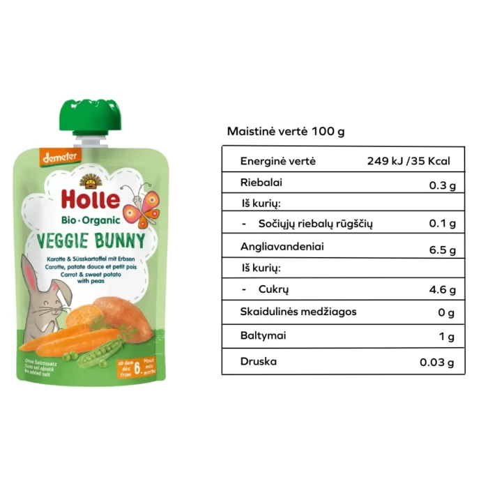 Ekologiška morkų, saldžiųjų bulvių ir žirnelių tyrelė | Holle (100 g)