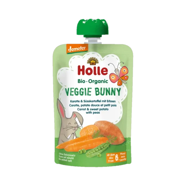 Ekologiška morkų, saldžiųjų bulvių ir žirnelių tyrelė | Holle (100 g)