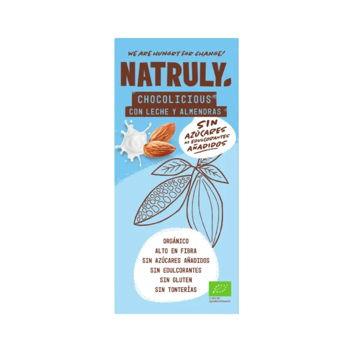 Ekologiškas pieniškas šokoladas su migdolais, be pridėtinio cukraus | Natruly (85 g)