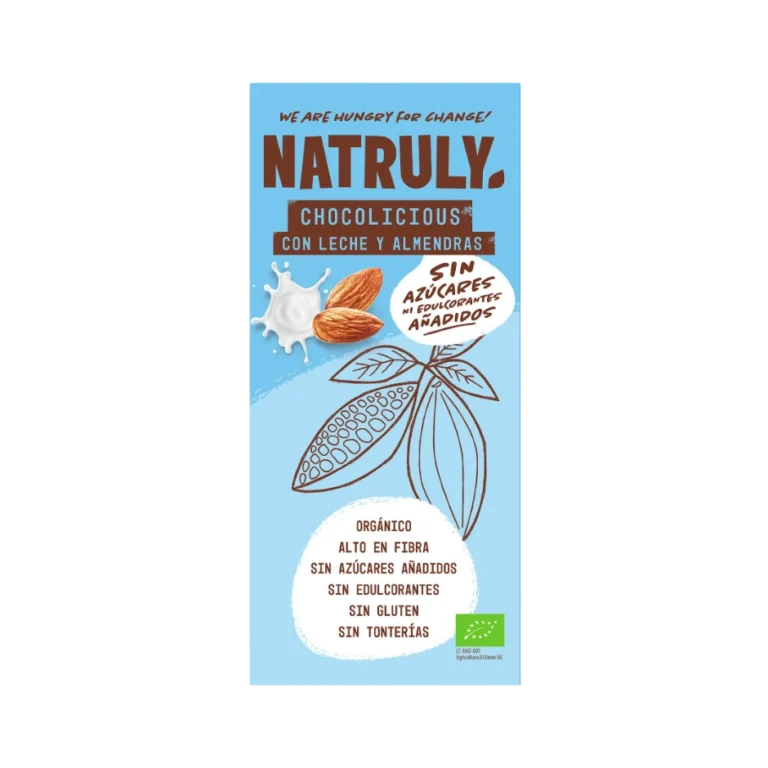 Ekologiškas pieniškas šokoladas su migdolais, be pridėtinio cukraus | Natruly (85 g)
