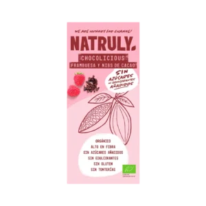 Ekologiškas juodas šokoladas su aviečių ir kakavos gabalėliais be pridėtinio cukraus | Natruly (85 g)