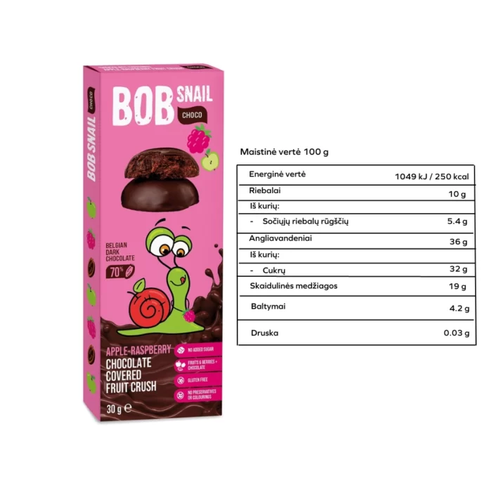 Obuolių-aviečių užkandis aplietas belgišku šokoladu, be glitimo | Bob Snail (30 g)