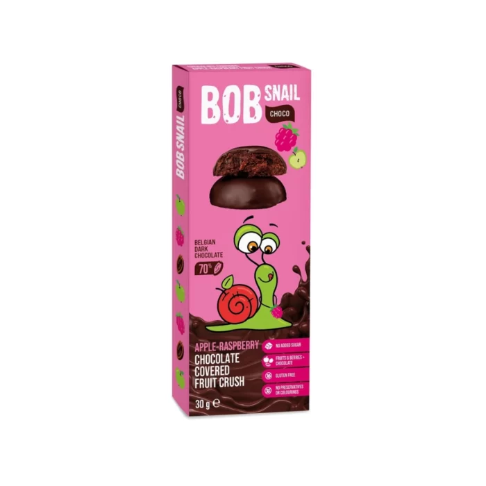 Obuolių-aviečių užkandis aplietas belgišku šokoladu, be glitimo | Bob Snail (30 g)
