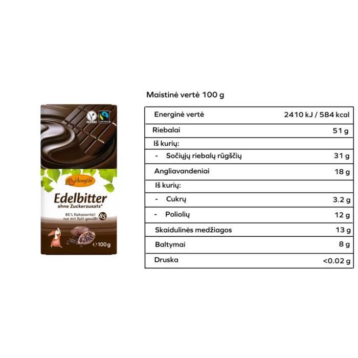 85% juodas šokoladas, be pridėtinio cukraus | Birkengold (100 g)
