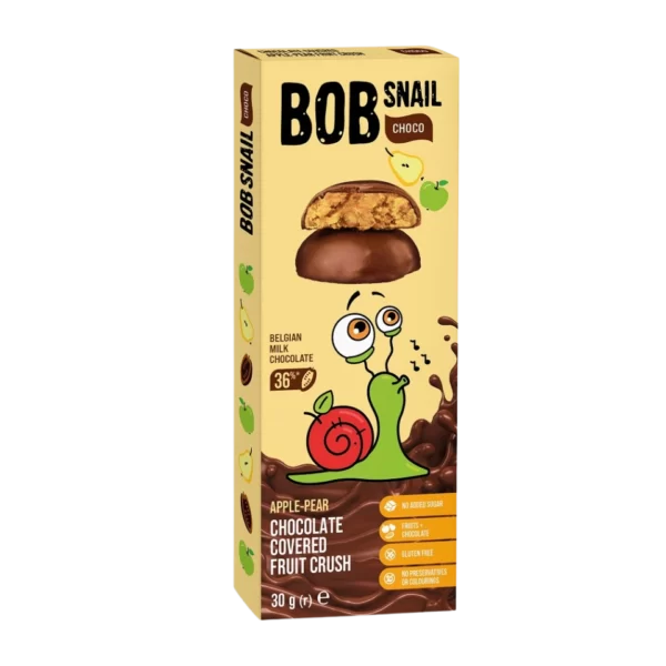 Obuolių-kriaušių užkandis aplietas belgišku šokoladu, be glitimo | Bob Snail (30 g)
