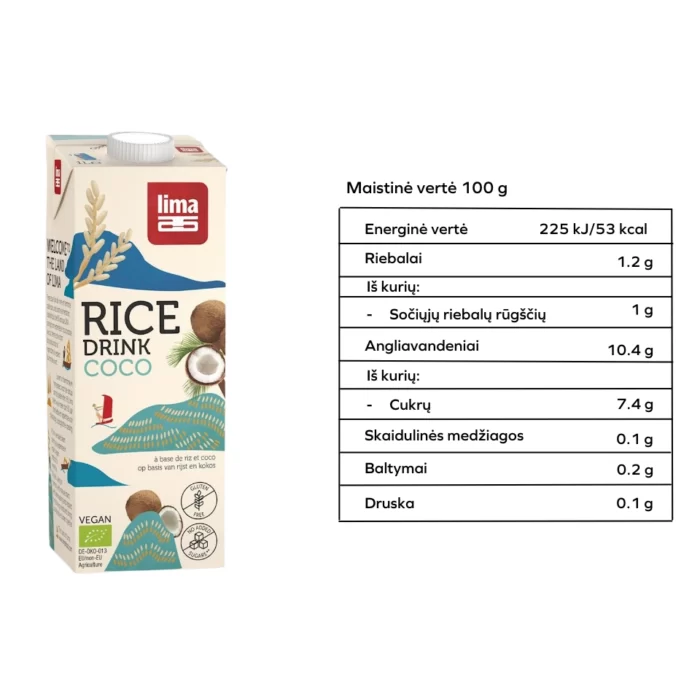 Ekologiškas ryžių ir kokosų gėrimas, be pridėtinio cukraus, be glitimo | Lima (1l)