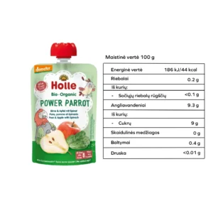 Ekologiška kriaušių, obuolių ir špinatų tyrelė, be pridėtinio cukraus | HOLLE (100 g)