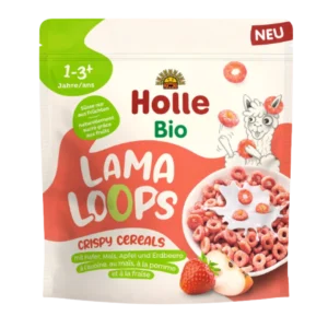 Ekologiški LAMA LOOPS traškūs obuolių-braškių skonio sausi pusryčiai| Holle (125 g)
