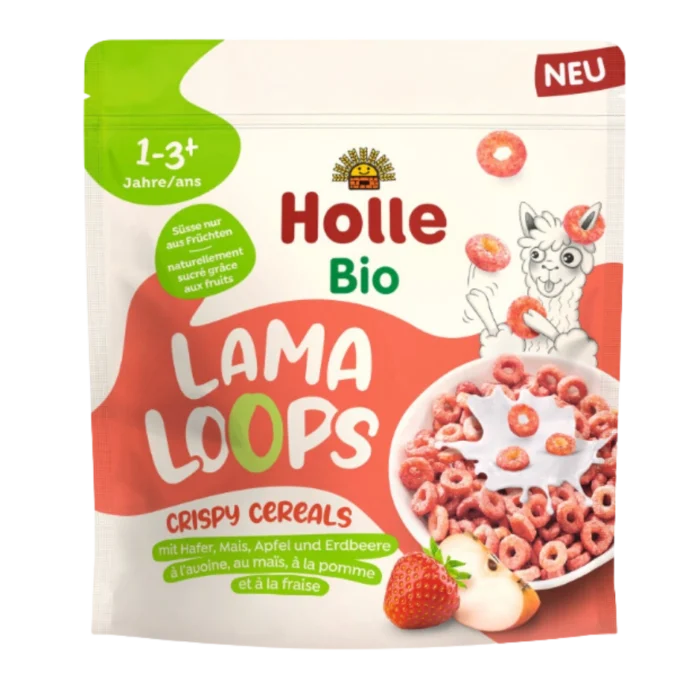 Ekologiški LAMA LOOPS traškūs obuolių-braškių skonio sausi pusryčiai| Holle (125 g)