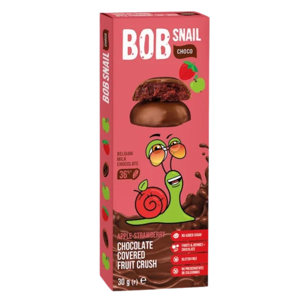 Obuolių-braškių užkandis aplietas belgišku šokoladu, be glitimo | Bob Snail (30 g)