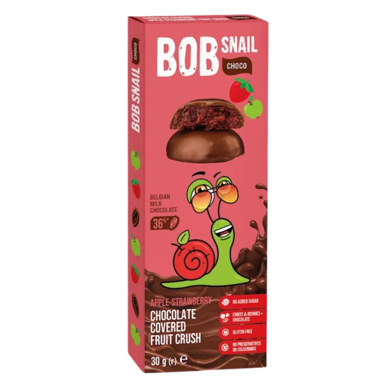 Obuolių-braškių užkandis aplietas belgišku šokoladu, be glitimo | Bob Snail (30 g)